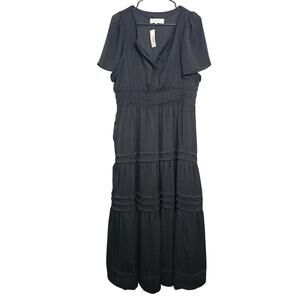Brass‎ & Roe The Sundara Satin Dress Black Large Peasant Tiered Festival Neutral